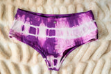 Lalita hand-dyed bamboo tie dye boyshorts in deep plum, orchid and white, shown flat