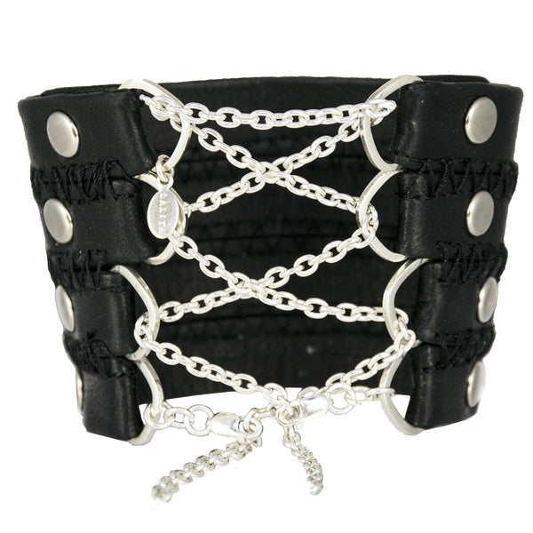 Stitched Leather Corset Cuff with Sterling Chain